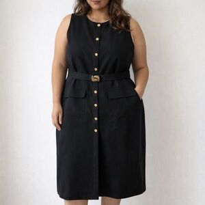 Zara Black Minimalist Gold Button Midi Dress Belted Pockets Size 2X NWT